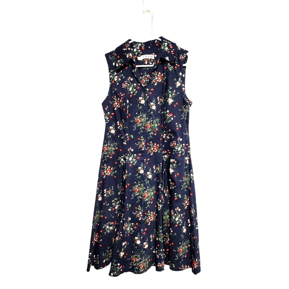Chetta B Navy Floral Sleeveless Dress Red Pink Size 10 Fit & Flare Cottagecore